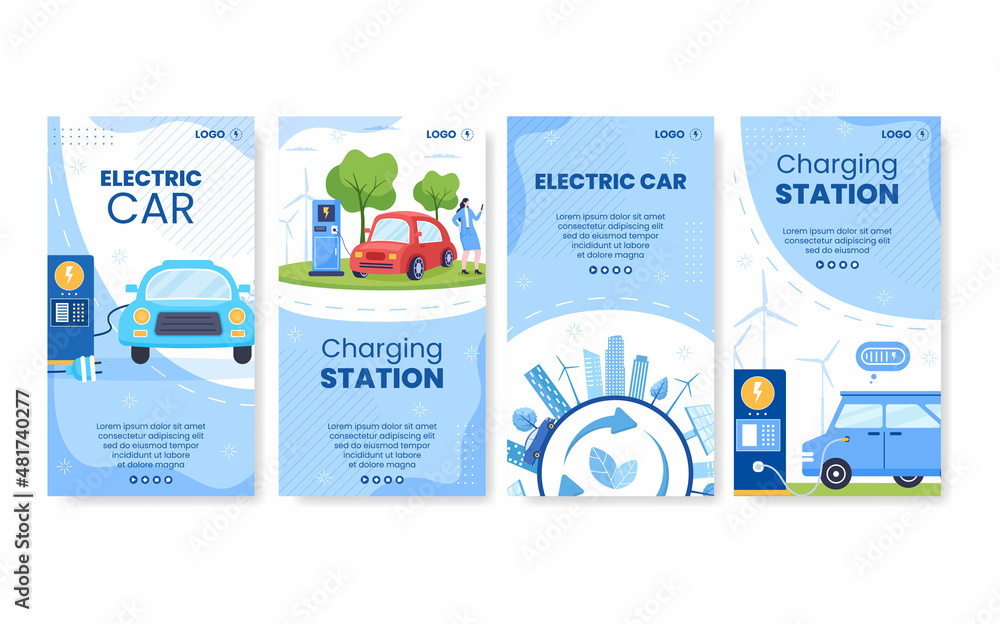 Charging Electric Car Batteries Stories Template Flat Illustration Editable of Square Background Suitable for Social Media or Web Internet Ads