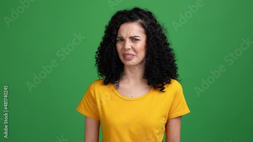 Frustrated lady hate awfull smell avoid isolated bright color background photo