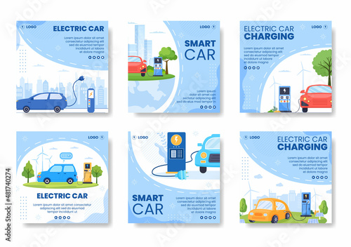 Charging Electric Car Batteries Post Template Flat Illustration Editable of Square Background Suitable for Social Media or Web Internet Ads