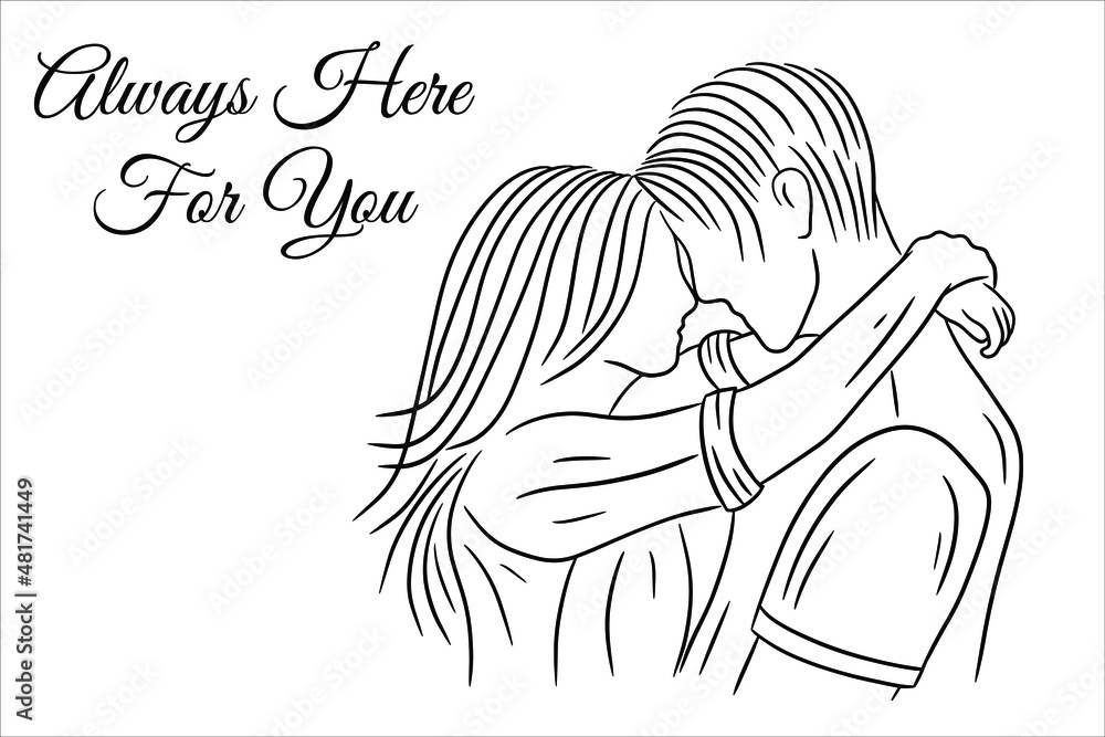 Obraz premium Happy Together Love Couple Women Girls and Boy Friends Line Art Hand Drawn Style illustration
