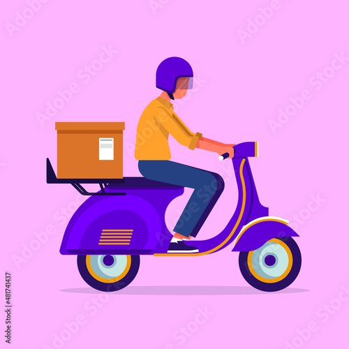 Delivery man is carrying a package with violet scooter.  Flat cartoon design. Vector illustration.