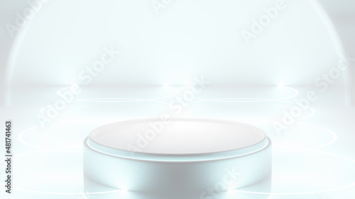 Silver podium stand glistened in white room with sparkling lights. Futuristic wall scene. 3d Render.