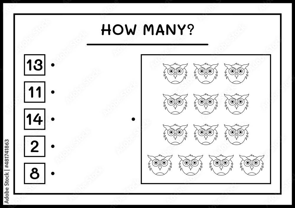 How many Owl, game for children. Vector illustration, printable worksheet How many Owl, game for children. Vector illustration, printable worksheet
