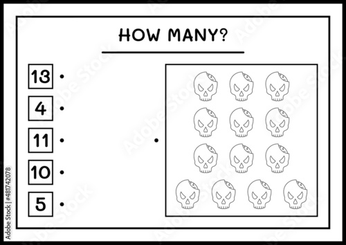 How many Skull, game for children. Vector illustration, printable worksheet