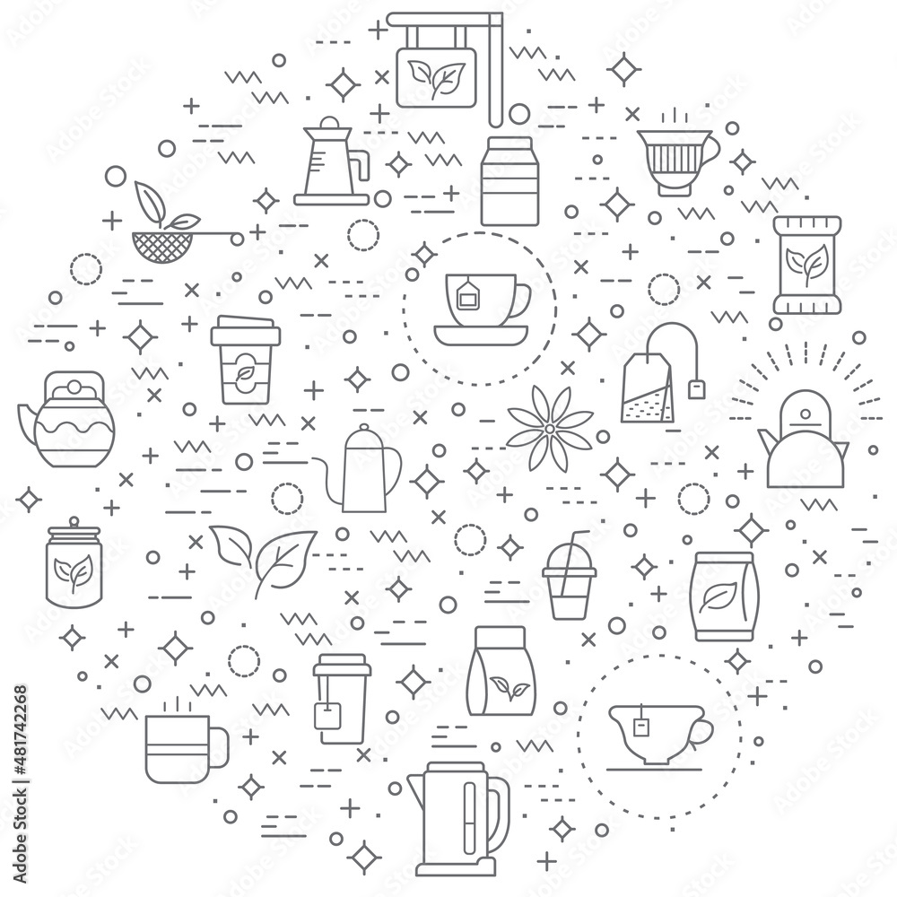 Simple Set of tea and drink Related Vector Line Illustration. Contains such Icons as star anise, infusion bags, tea strainer, green tea, nature, herbal, rooibos and Other Elements. Simple Set of tea and drink Related Vector Line Illustration. Contains such Icons as star anise, infusion bags, tea strainer, green tea, nature, herbal, rooibos and Other Elements.