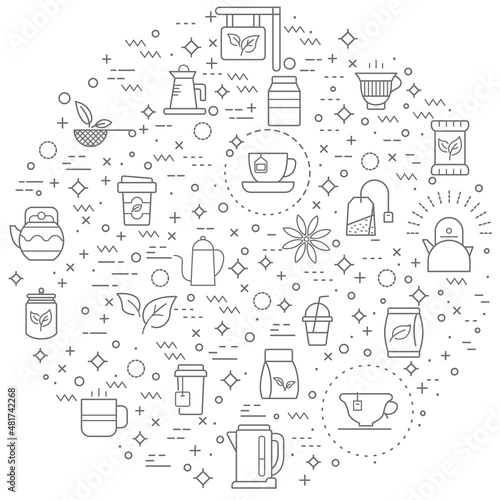 Simple Set of tea and drink Related Vector Line Illustration. Contains such Icons as star anise, infusion bags, tea strainer, green tea, nature, herbal, rooibos and Other Elements.