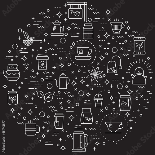 Simple Set of tea and drink Related Vector Line Illustration. Contains such Icons as star anise, infusion bags, tea strainer, green tea, nature, herbal, rooibos and Other Elements.
