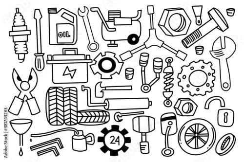 hand drawn mechanical tool doodle style design concept