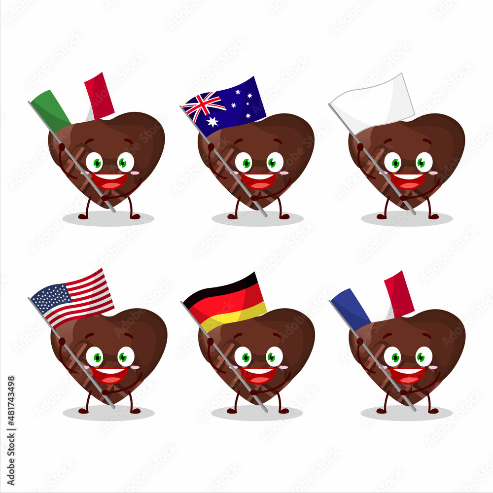 Chocolate love cartoon character bring the flags of various countries