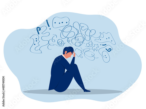 businessman suffers from obsessive thoughts; headache; unresolved issues; psychological trauma; depression.Mental stress panic mind disorder illustration Flat vector illustration.