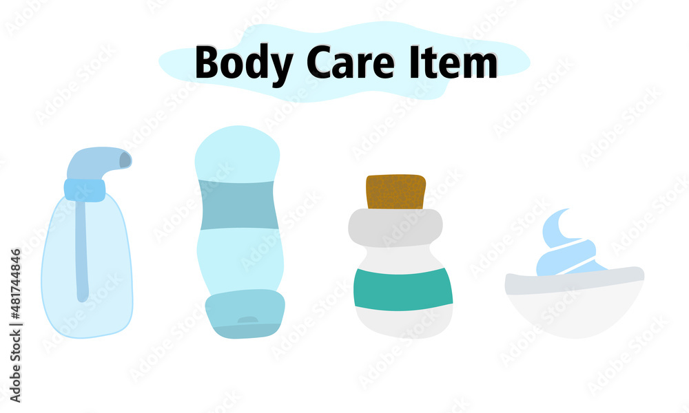 A set of items for the bathroom. Dispenser and shampoo, shaving foam and a bottle for cosmetics. Body care. Vector illustration in color design on a white background. A set of items for the bathroom. Dispenser and shampoo, shaving foam and a bottle for cosmetics. Body care. Vector illustration in color design on a white background.
