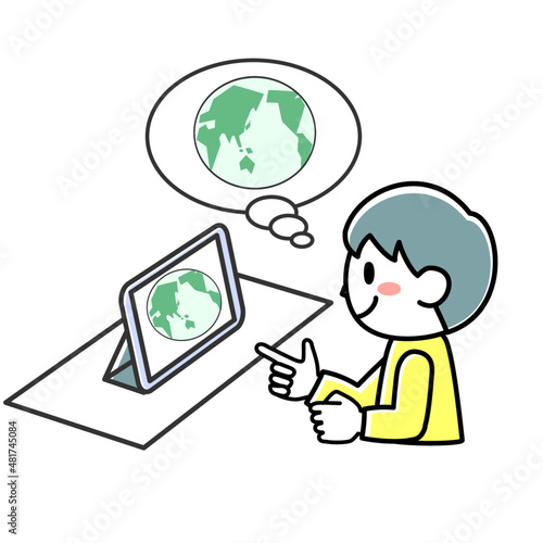 タブレットを使って社会科の学習をする男の子