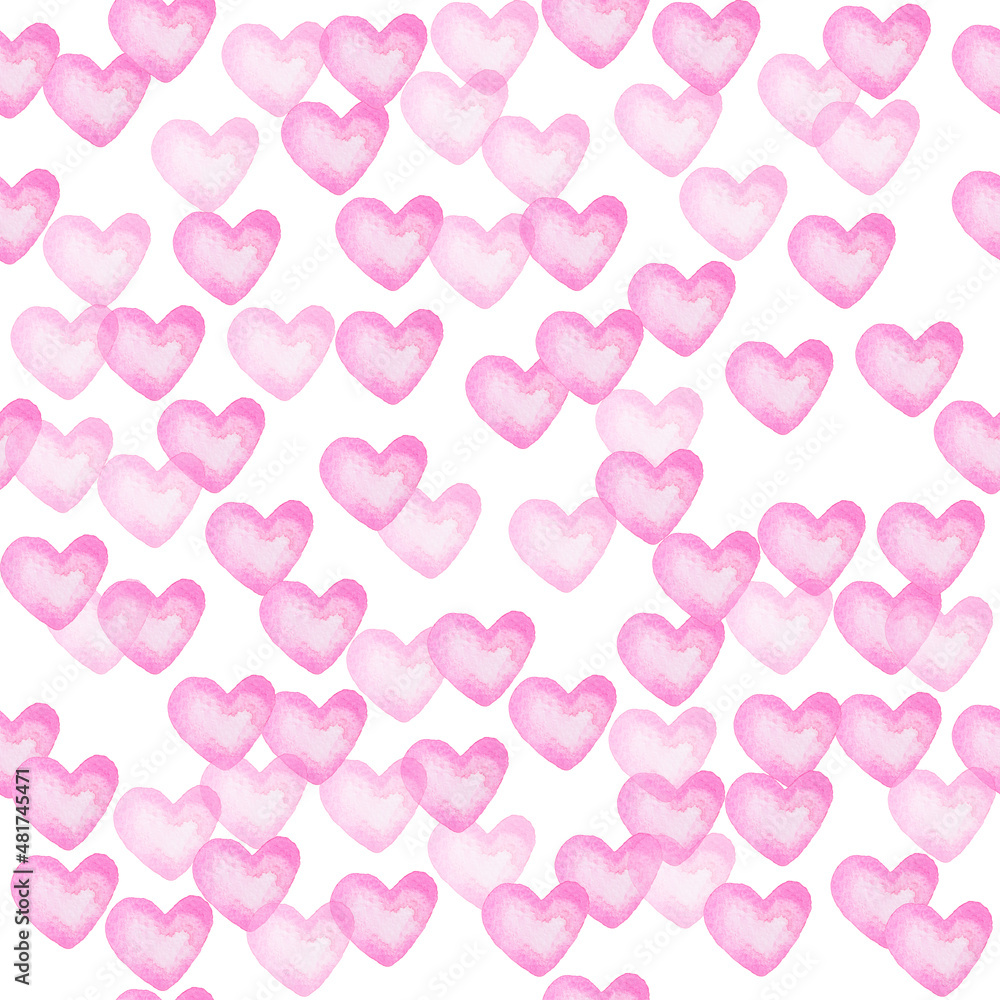Hand drawn of pink watercolor hearts Isolated on white background. Seamless watercolor hearts pattern.