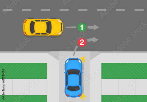 Safety driving and traffic regulating rules. Driver entering a road from a road-related area and driveway giving way to vehicles on the road. Flat vector illustration template.