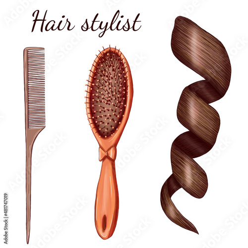 Hair stylist tools, hair brush, comb, curly hair lock, hairdresser business polygraphy design elements