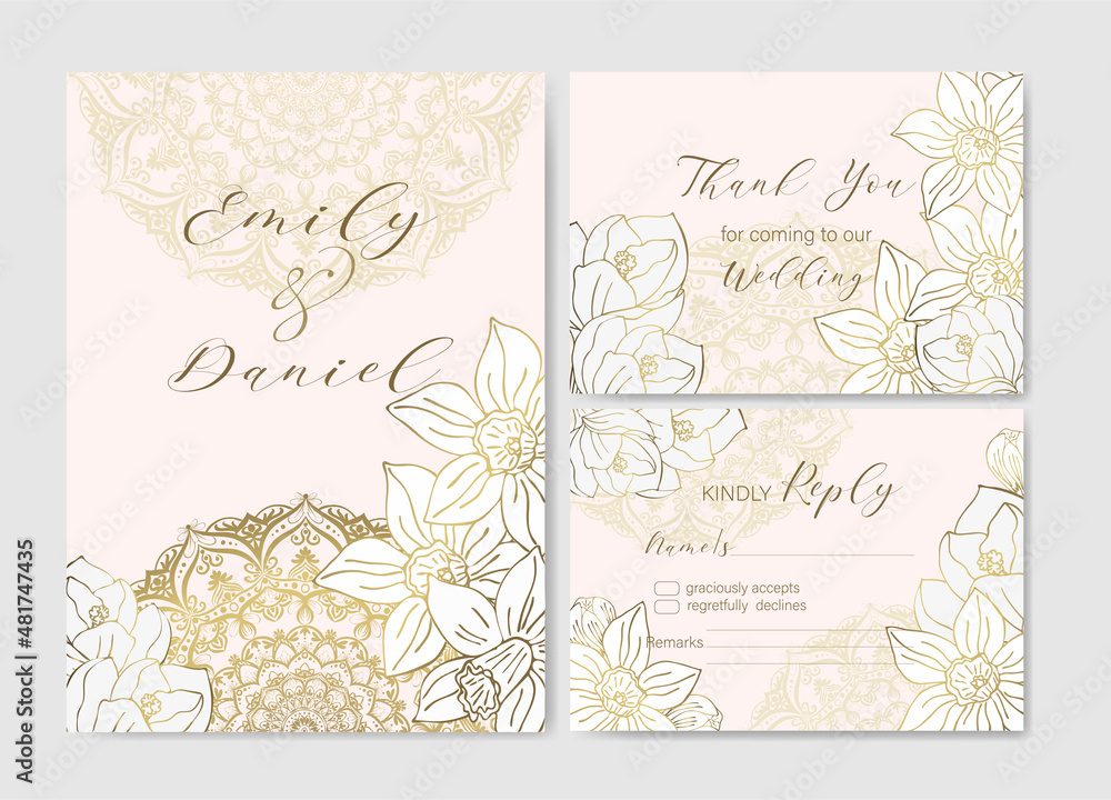 Wedding invitations set with golden mandala and spring flowers. Wedding invite, thank you, rsvp, vector floral design.