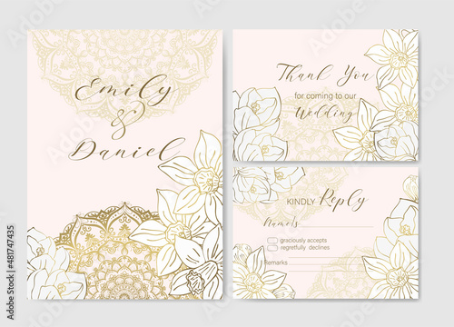 Wedding invitations set with golden mandala and spring flowers. Wedding invite  thank you  rsvp  vector floral design.