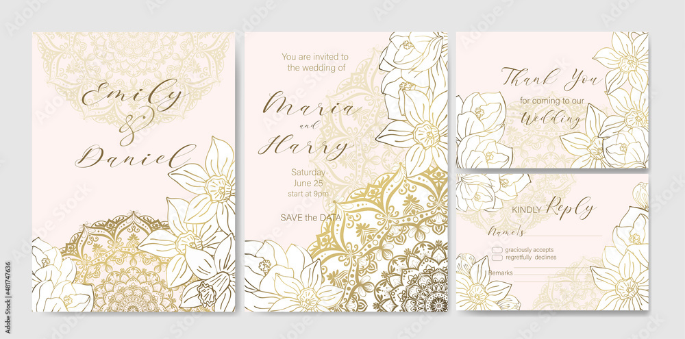 Fototapeta premium Set of luxury wedding invitation templates with spring flowers and mandala. Golden outline on a light background.