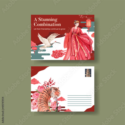 Postcard template with Chinese woman and tiger concept,watercolor style