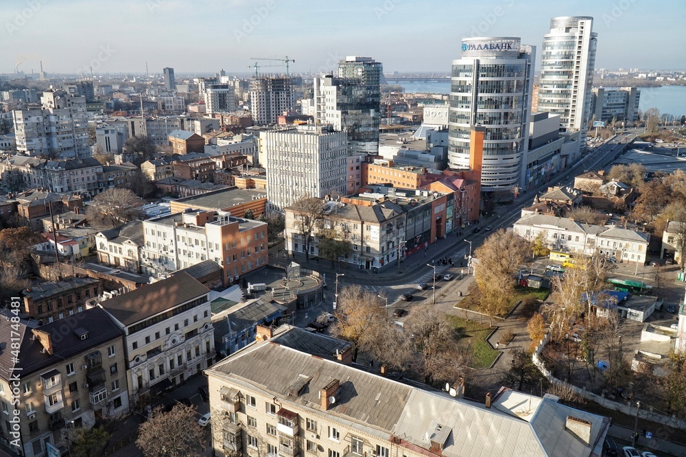Top view of the streets of the city of Dnipro from the roof of the Menorah 