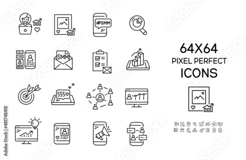 SMM social media marketing and content management related icons. Pixel perfect, editable stroke 64x64 icons set