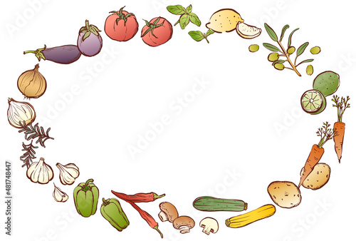 野菜　フレーム　手描き　カラー　丸
