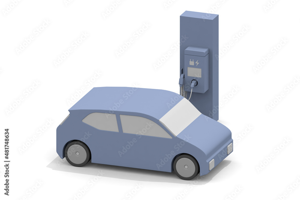 Fototapeta premium Electric car and charger. EV car and charging stand being charged. Use the charging spot installed on the road.