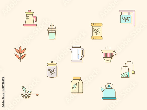 Vector illustration of a tea and drink elements. Contains such as star anise, infusion bags, tea strainer, green tea, nature, herbal, rooibos and more. Flat illustration style line drawing