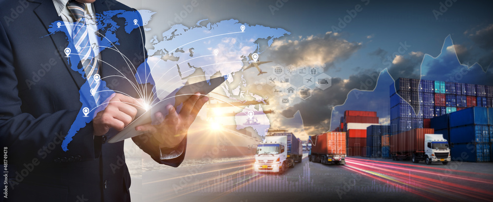 Obraz premium World map with logistic network distribution on background. Logistic and transport concept in front Industrial Container Cargo freight ship for Concept of fast or instant shipping, Online goods orders