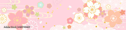 春の桜のピンク色の和柄のベクターイラスト(帯,雛祭り,入学,花見,4月,3月,フレーム,art,holiday, Japanese, japan,kimono)