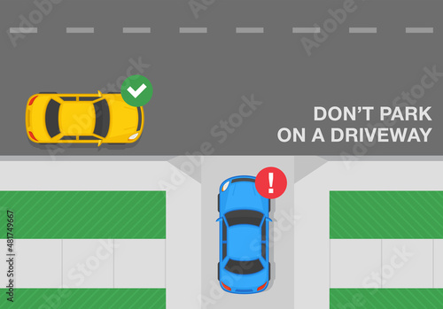Outdoor parking rules. Correct and incorrect parking. Do not park on a driveway. Flat vector illustration template.
