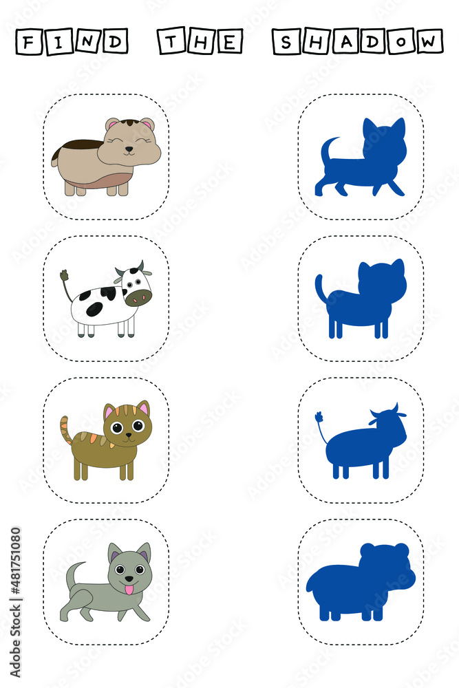 Find correct shadow with hamster, cow, cat, dog.  Kids educational game. 
