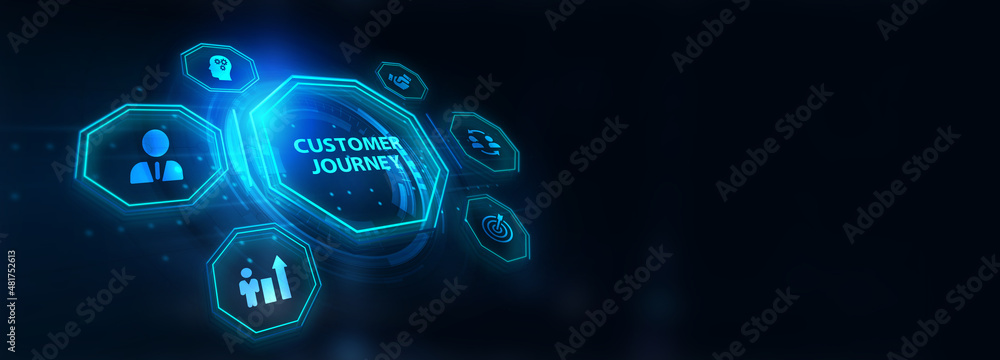 Inscription Customer journey on the virtual display. Business Technology Internet and network concept 3d illustration