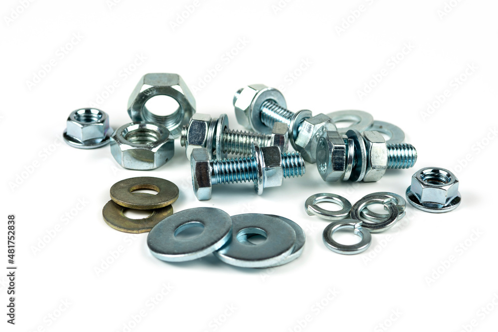metal bolts and nuts with round washers close-up on a white background metal bolts and nuts with round washers close-up on a white background