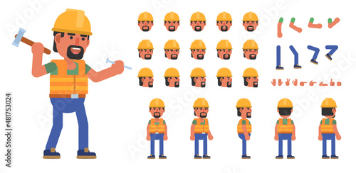Creation kit of a construction worker. Modern vector illustration. Create your own pose, action, animation