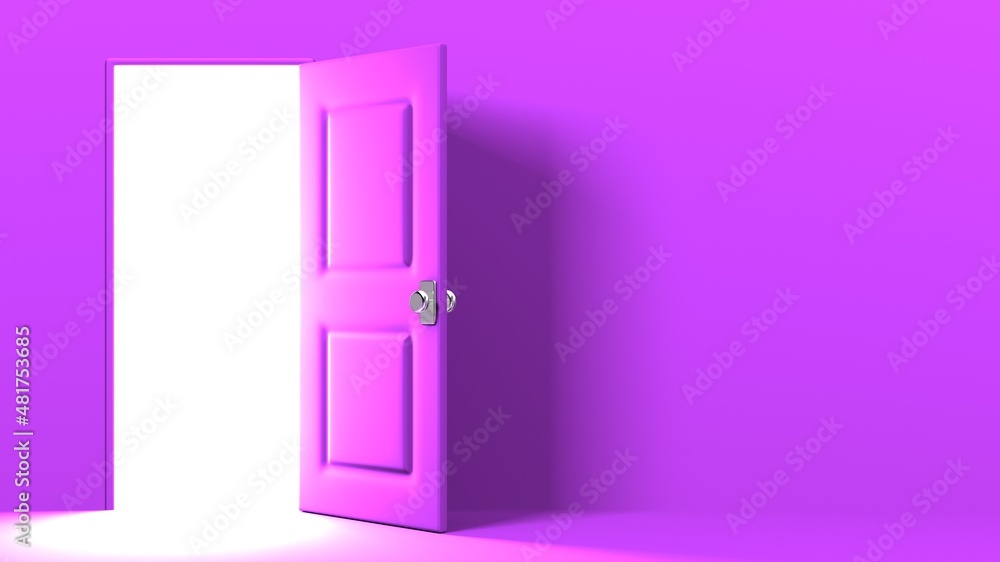 Purple door with bright light.
3D illustration for background.
Purple door with bright light.
3D illustration for background.