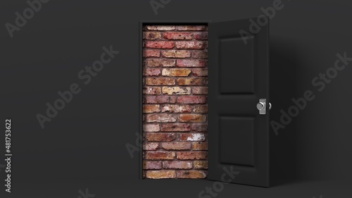 Black door and brick wall.
3D illustration for background.
 photo