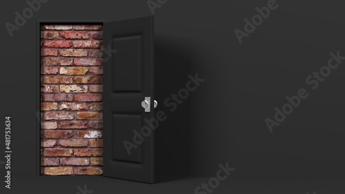 Obraz na płótnie Black door and brick wall.
3D illustration for background.