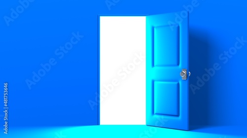 Blue door with bright light.
3D illustration for background.
