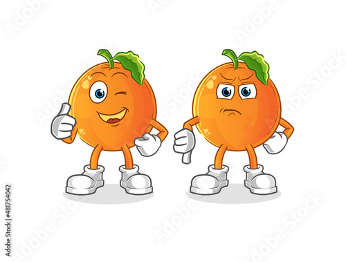 Orange thumbs up and thumbs down. cartoon mascot vector