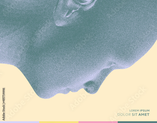 Man's face looking down. Abstract digital human head. Minimalistic design for business presentations, flyers or posters. Pixel art. 3d vector illustration.