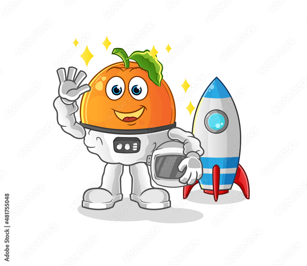 Fototapeta premium Orange astronaut waving character. cartoon mascot vector