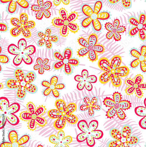 Cute vector seamless pattern with hand drawn flowers. Stylized plants for printing on fabrics, paper and various souvenirs