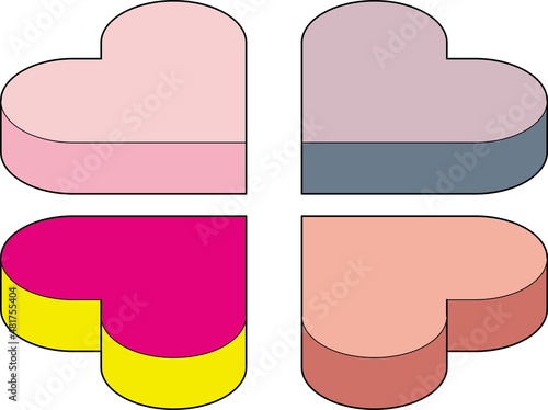 スケジュール管理に使えるシンプルな上面法アイソメトリックスタイルの主線のあるハートのアイコンセット.