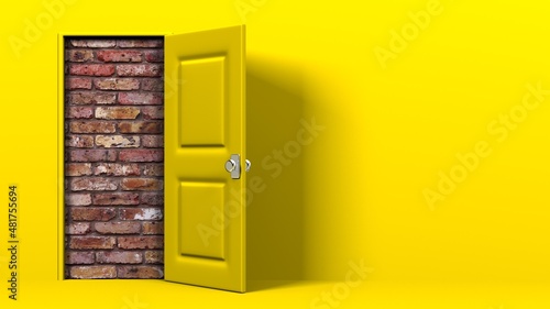 Obraz na płótnie Yellow door and brick wall.
3D illustration for background.
