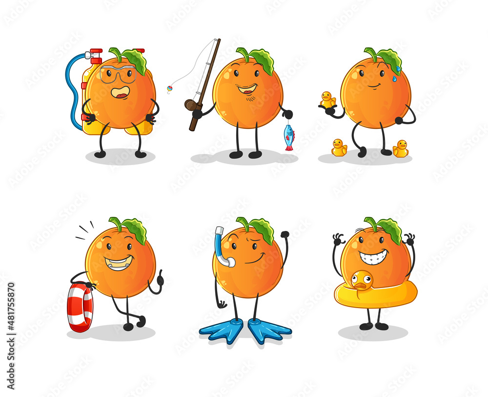Orange water activity group. cartoon mascot vector Orange water activity group. cartoon mascot vector