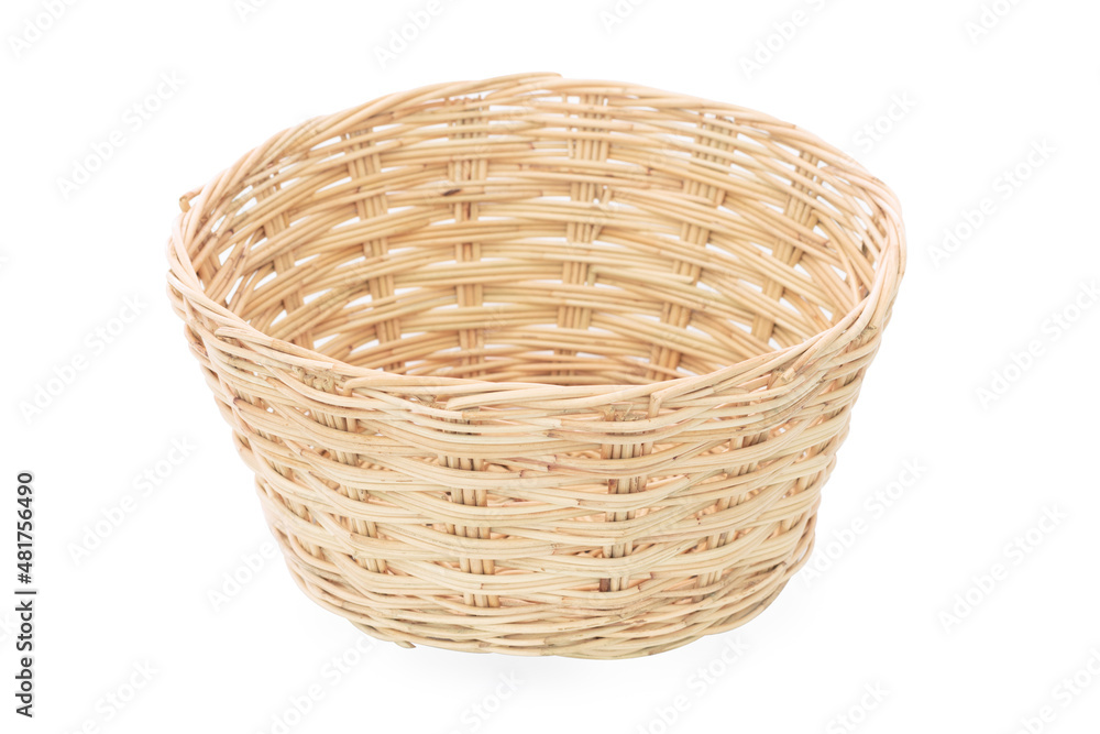 Empty wooden wicker basket isolated on white background.