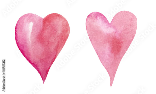 Watercolor set of pink, purple and red hearts for St Valentines Day isolated on white background.