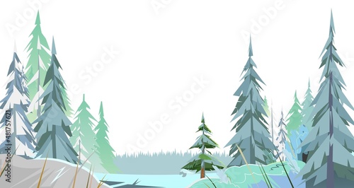 Winter Forest Landscape. Snowy coniferous trees. Snow drifts. Divided thick spruce pine thickets. Foggy frosty horizon. Illustration in cartoon style flat design Isolated on white background. Vector