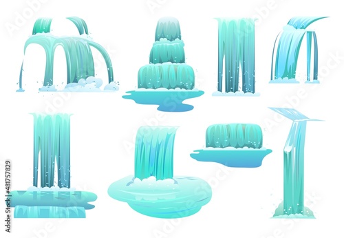 Streaming waterfall water. Set of cascades shimmer down. Fast stream with splashes. Object isolated on white background. Vector